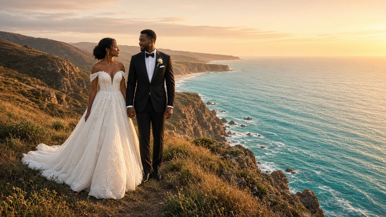 Bride and groom on a cliff above the ocean at golden hour