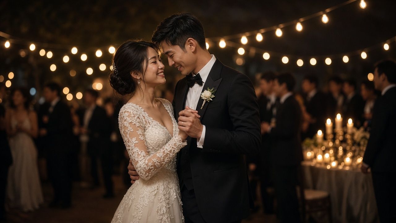 Bride and groom sharing their first dance under string lights