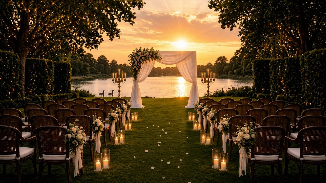 Lakeside garden ceremony at golden-hour sunset with cane chairs, candles, and a draped floral arch
